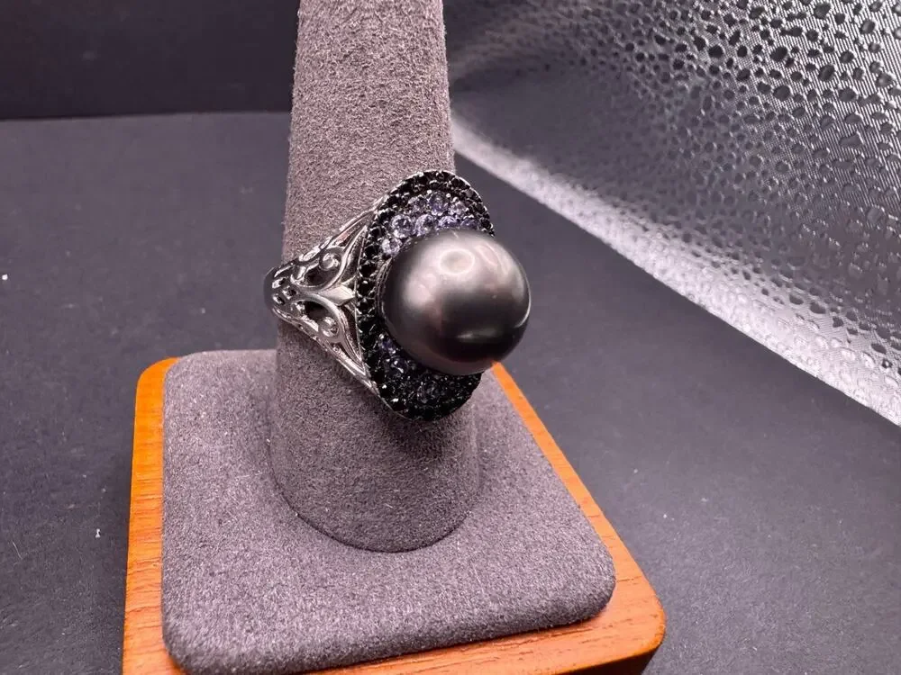 Ornate Black Pearl Ring Sterling Silver 925 Filigree Purple Black Spinel Sz 10.2